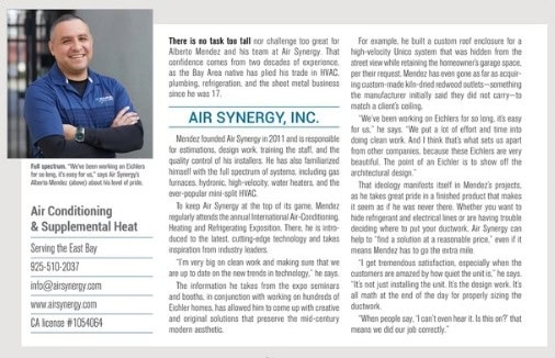 Air Synergy featured in Eichler Network magazine — a profile of owner Alberto Mendez and the company's small-duct high-velocity work in Eichler homes