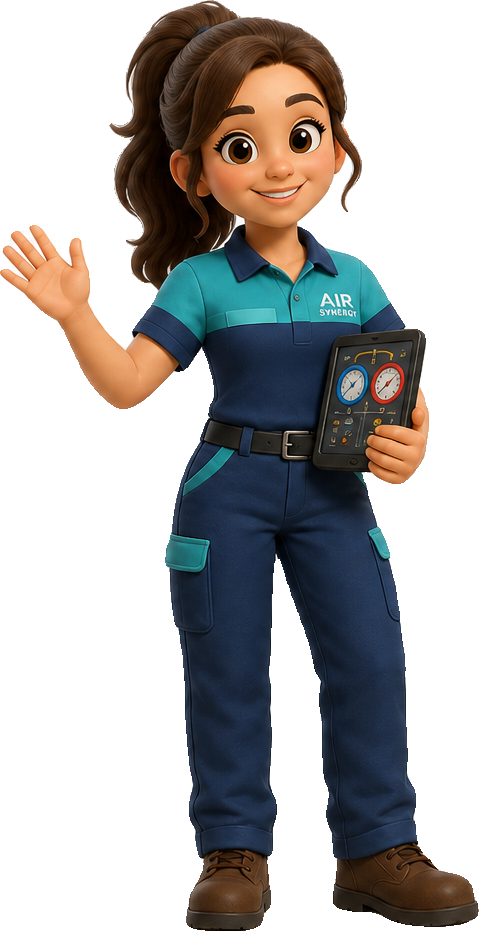 Air Synergy comfort specialist smiling and holding an HVAC diagnostic gauge, ready to design and install your system