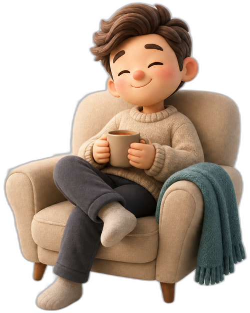 Relaxed Bay Area homeowner enjoying even, year-round comfort in a cozy armchair with a warm drink