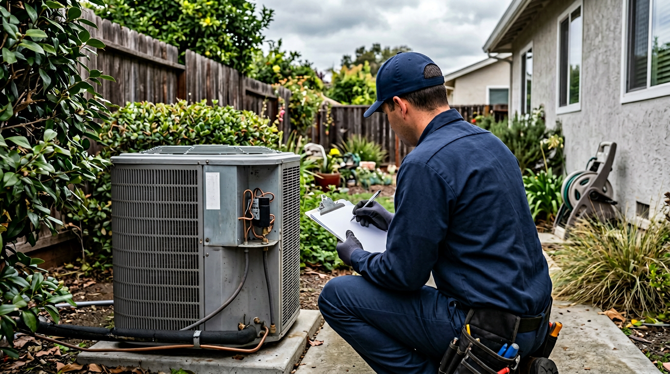 Air Synergy technician inspecting a backyard air conditioning condenser with a clipboard