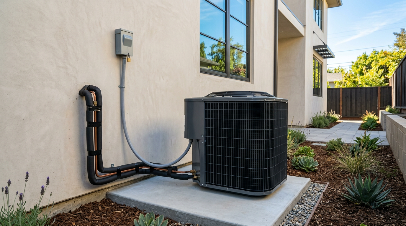 Newly installed high-efficiency air conditioning condenser beside a residential home