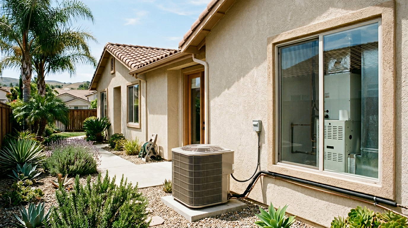Newly installed central air-conditioning condenser on a concrete pad beside a home
