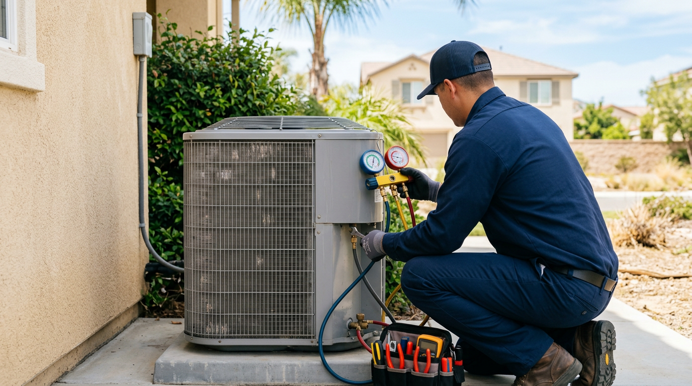 Air Synergy technician using refrigerant gauges to diagnose an outdoor air conditioning unit beside a home