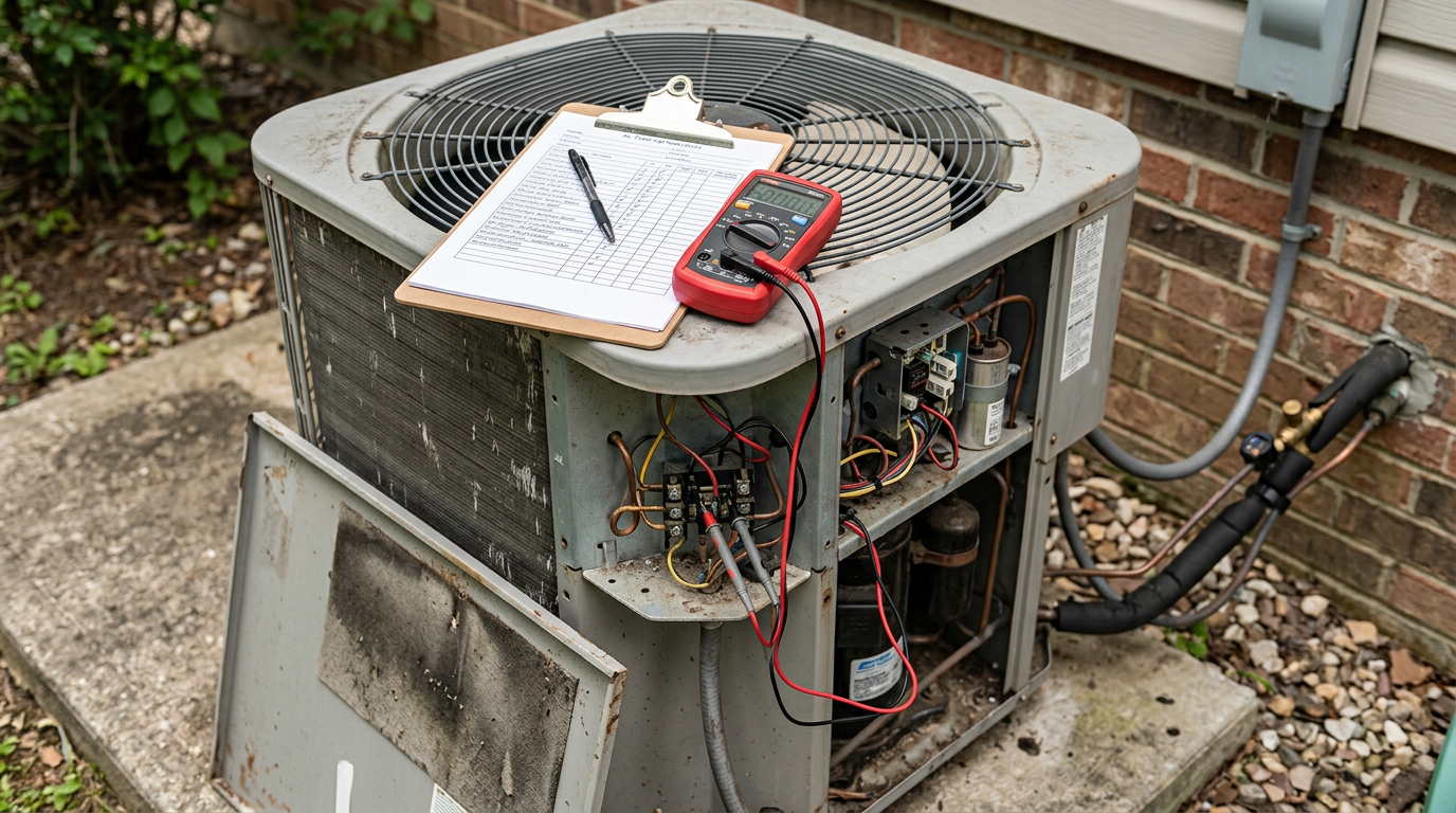 Inspection checklist and multimeter resting on an open air conditioner during a seasonal tune-up