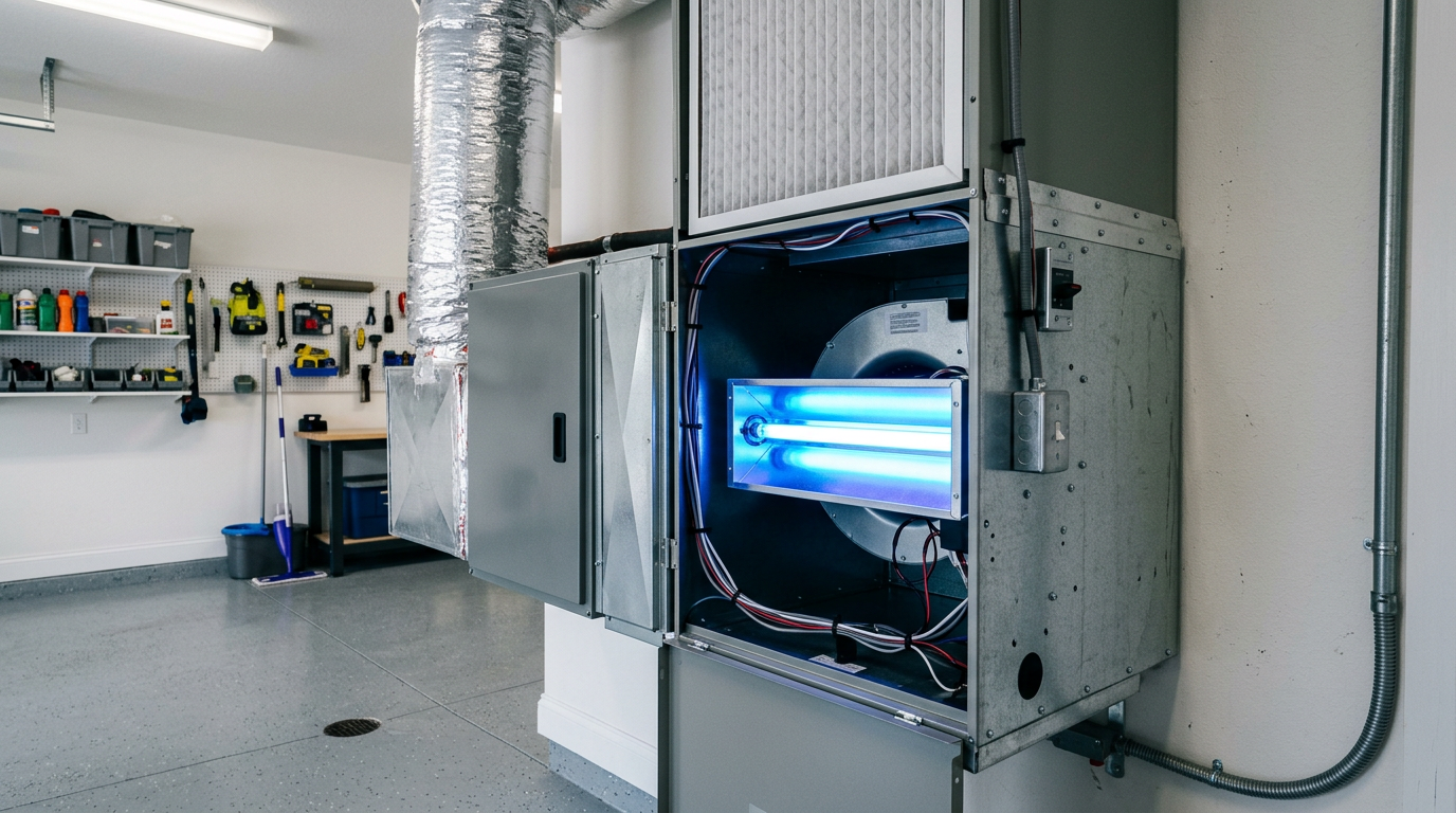 In-duct air purifier mounted on a residential HVAC system