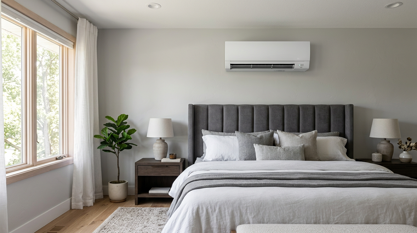 Wall-mounted ductless mini-split head quietly cooling a bedroom
