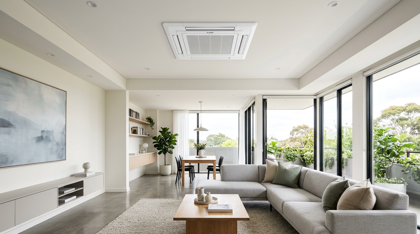 Discreet ductless mini-split head mounted high on a wall in a modern open-plan room