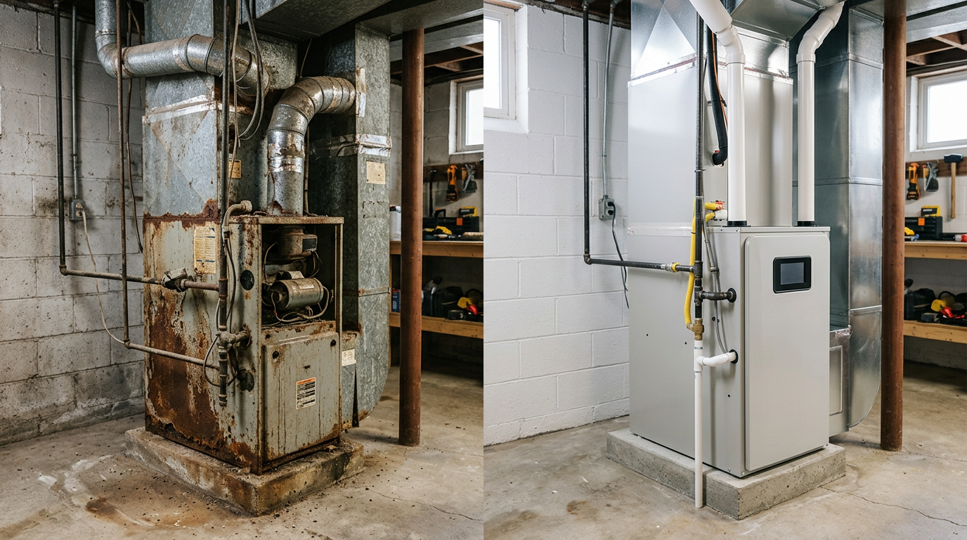 An aging furnace replaced with a new high-efficiency furnace, shown side by side