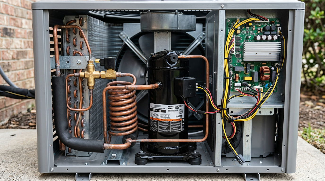 High-efficiency variable-speed heat pump condenser running outside a home
