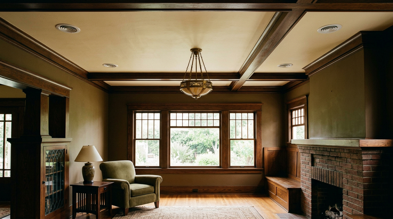 Small-duct high-velocity outlet discreetly installed in a mid-century modern ceiling