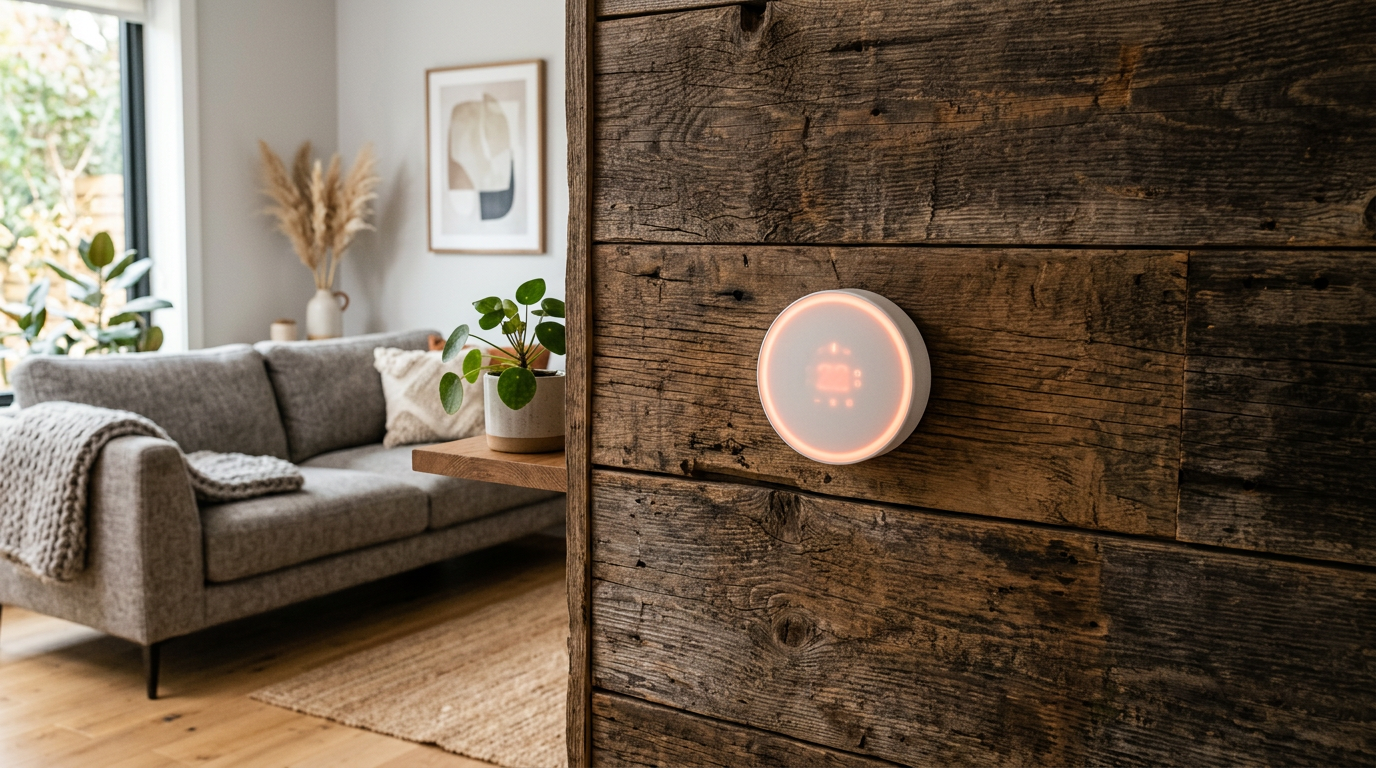 Smart programmable thermostat mounted on a wall, displaying the room temperature