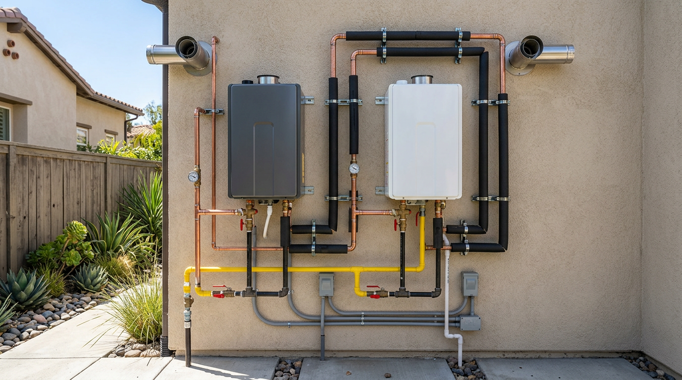Two high-efficiency tankless water heaters professionally installed on a home exterior