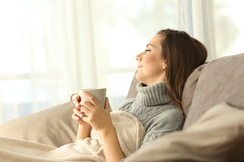 What Are Zone Control Systems? Portrait of a pensive woman relaxing sitting on a sofa in the living room in a house interior in winter