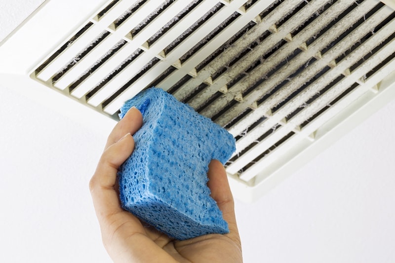 Why Air Duct Cleaning Is Important. Cleaning Bathroom Fan Vent Cover with Sponge.